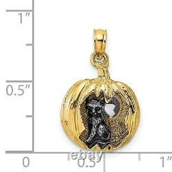 14k Yellow Gold Carved Pumpkin Charm Pendant with Cat and Moon Inside