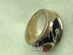 14k Yellow Gold With Black Enamel, Diamond & Citrine Ring Band Size 8.75