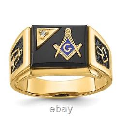 14k Yellow Gold with Black Enamel, Onyx and Diamond Masonic Ring for Mens