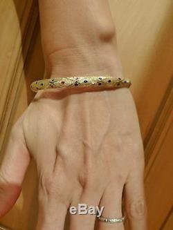 14k yellow gold red green black enamel dot hinged oval bangle bracelet textured