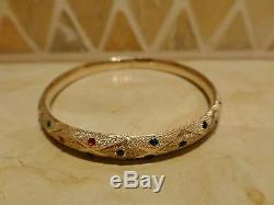 14k yellow gold red green black enamel dot hinged oval bangle bracelet textured