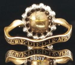 1771 Georgian 16K Gold DIAMOND MOONSTONE BLACK ENAMEL MOMENTO MORI MOURNING RING