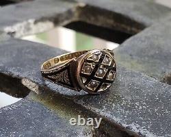 1876 Mourning Ring Antique Black Enamel Victorian Gold Seed Pearl Ornate NO HAIR