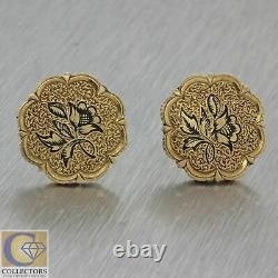 1880s Antique Victorian 14k Solid Yellow Gold Black Enamel Flower Earrings