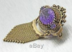1880s Antique Victorian 14k Yellow Gold Black Enamel Purple Amethyst Brooch Pin