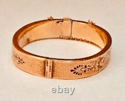 1890s Victorian Era 14k Gold Hollow Hinged Bangle Bracelet With Black Enamel