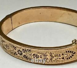 1890s Victorian Era 14k Gold Hollow Hinged Bangle Bracelet With Black Enamel