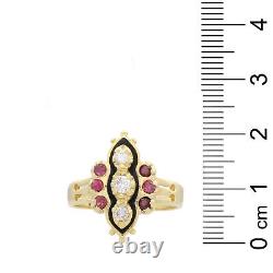 18K Yellow. 25ctw Diamond, Ruby, and Black Enamel Vintage Ring 7.0g