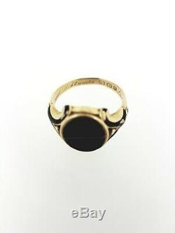 18K Yellow Gold, Banded Agate & Black Enamel Antique Mourning Ring, c1880s