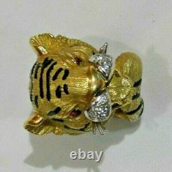 18K Yellow Gold & Black Enameled Tiger Ring with Diamonds & Ruby Eyes Size 7