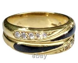 18K Yellow Gold Diamond Black Enamel Vintage Band Ring 7.25 Signed MV German