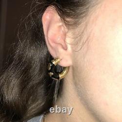 18K Yellow Gold Hoop Textured Animal Giraffe Spots Black Enamel Earrings Italy