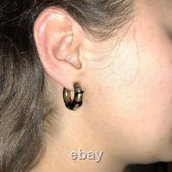 18K Yellow Gold Hoop Textured Animal Giraffe Spots Black Enamel Earrings Italy
