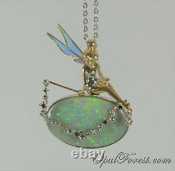 18K Yellow & White Gold Fairy Tale Solid Opal Pendant with colour Enamel wings