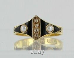 18ct Diamond and Pearl black enamel Antique mourning Ring dated 1867 REF2365