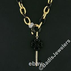 18k Gold Enamel Large Open Cable Link with Black Onyx Diamond Key Pendant Necklace