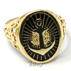 18k Yellow Gold Band Man Ring, Nautical Anchor, Finely Worked, Black Enamel