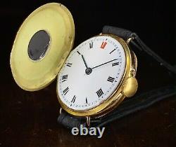 1910s 15k gold Dreadnought Semi Hunter Wrist Watch manual wind, blue enamel 28mm
