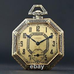 1918 Longines 14K Yellow Gold & Black Enamel Art Deco Octagonal Pocket Watch