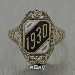 1930s Antique Art Deco 14k White Gold Filigree Black Enamel Date Ring