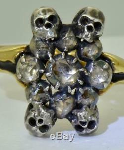 19th C. Victorian 9k Gold, black enamel&Diamonds Memento Mori/Mourning Skull ring