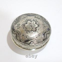 2.25 Sterling Silver Gilded Interior Black Enamel Antique Floral Snuff/Pill Box