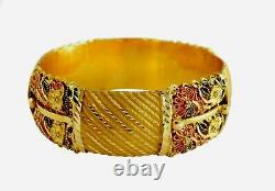 22K Yellow Gold Bangle Bracelet Red Black Enamel Floral Design 36.2 Grams