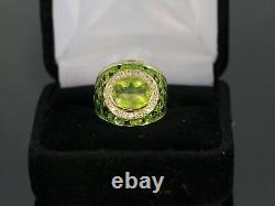 $3,350 18K Yellow Gold Green Oval Peridot Round Diamond Green Black Enamel Sz 5