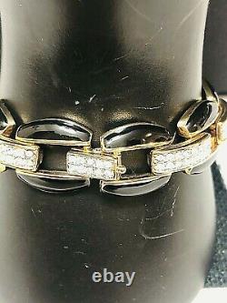 6.5 Swarovski Gold Tone Crystal and Black Enamel Link Bracelet Swan signature