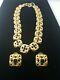 80's Anne Kline Brushed Gold And Black Enamel Necklace Earrings Set