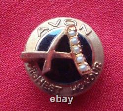9ct Gold, Black Enamel & Seed Pearl Avon Highest Honour Badge Brooch 1963, F & S