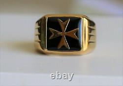 9k 9ct square large maltese cross signet ring black enamel onyx all sizes