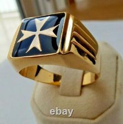 9kt 9ct yellow Gold Maltese Cross Hollow Square Ring Black Enamel Knights of mal