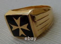 9kt 9ct yellow Gold Maltese Cross Hollow Square Ring Black Enamel Knights of mal