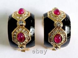 A Vintage Pair Of Christian Dior Clip Earrings With Black Enamel. White Diamantes