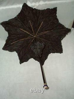 ANTIQUE PARASOL-8 POINT STAR CANOPY-HAND PAINTED GLASS & ENAMEL END WithGOLD PLATE