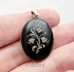 ANTIQUE. Victorian 14k Yellow Gold & Black Enamel Locket Pendant with Seed Pearls
