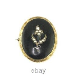 ANTQ Edwardian Gold Filled Seed Pearl Black Enamel Floral Photo Mourning Brooch