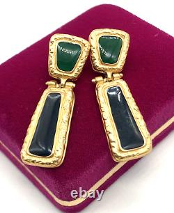 Anne Klein Byzantine Cleopatra Black Green Enamel Gold Tone Dangle Earrings