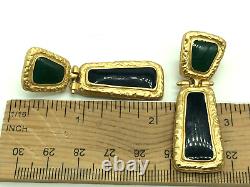 Anne Klein Byzantine Cleopatra Black Green Enamel Gold Tone Dangle Earrings