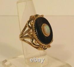 Antique 10 K Gold, Fire Opal, Onyx & Enamel Ring, Size 6.75, 8.9 grams