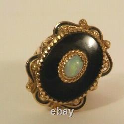 Antique 10 K Gold, Fire Opal, Onyx & Enamel Ring, Size 6.75, 8.9 grams