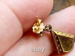 Antique 14K Gold Pierced Post Dangle Earrings with Leaf & Black Enamel