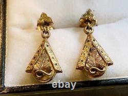 Antique 14K Gold Pierced Post Dangle Earrings with Leaf & Black Enamel