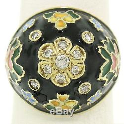 Antique 14K Yellow Gold Diamond Black Blue Green Yellow Enamel Dome Flower Ring