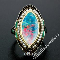 Antique 14K Yellow Gold Marquise Opal Seed Pearl Halo Green & Black Enamel Ring