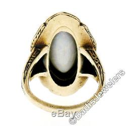 Antique 14K Yellow Gold Marquise Opal Seed Pearl Halo Green & Black Enamel Ring