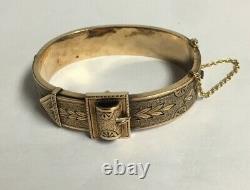 Antique 14K Yellow Gold and Black Enamel Belt Buckle Hinged Bangle Bracelet