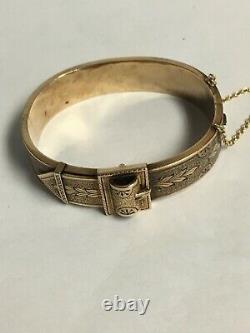 Antique 14K Yellow Gold and Black Enamel Belt Buckle Hinged Bangle Bracelet