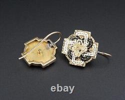 Antique 14k Gold Black White Enamel Dangle Earrings 7/8 Celtic Knot EG2078